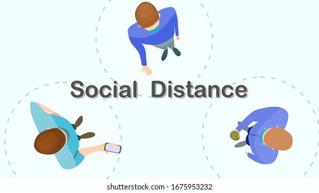 Social distance preventing infection concept : Top view of 1 meter isolation between person to stop spreading of respiratory virus. vector illustration, flat design