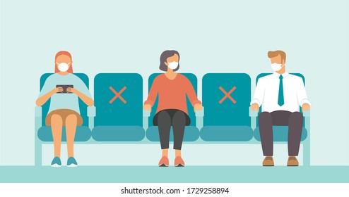 Social distance in public place. Seating regulations in airport area.  
People wearing mask to prevent infection from coronavirus COVID-19. Flat vector illustration