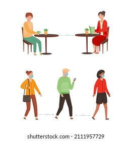 Social distance in public places set. People wearing mask to prevent infection from coronavirus COVID-19 vector illustration