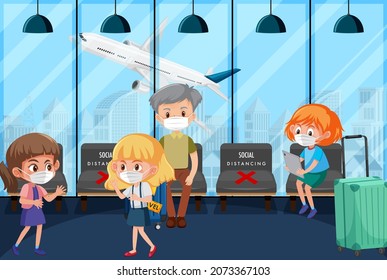 Social distance with public seating regulations in airport area illustration