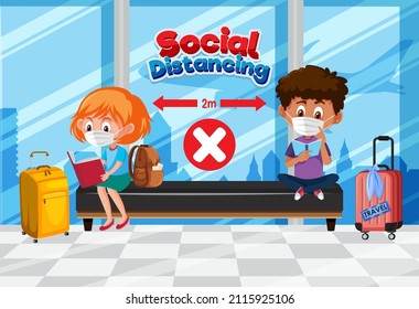 Social distance with public seating regulations in airport area illustration