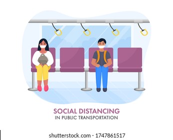 Social Distance in Public Transportation Concept Based Design with illustration of People wearing medical masks at train during Covid-19.