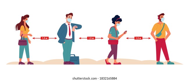 Social distance queue, people in masks in safety distancing, vector flat. Coronavirus covid social keep distance meters rules instruction for protective measures and public health safety guide