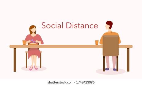 Social distance in restaurant or cafe concept. A woman and a man sitting separately having their meal in new normal after COVID-19 pandemic. Vector illustration, flat design