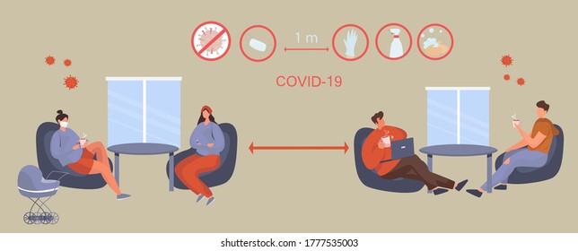 Social Distance in Restaurant or Cafe.People in Mask Sitting at Tables Separated from Each Other and Eating after COVID-19.Protection from Coronavirus Prevention of Quarantine.Flat Vector Illustration