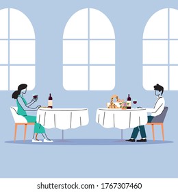 social distance in restaurant, a man and a woman sit a distance apart in separate tables with food vector illustration design