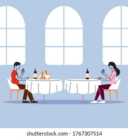 social distance in restaurant, a man and a woman sit a distance apart in separate tables with food vector illustration design