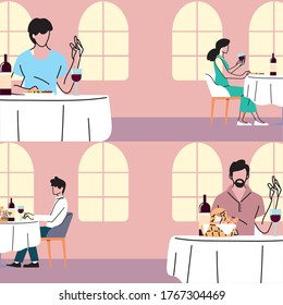 social distance in restaurant, people keep distance to avoid the spread of the coronavirus or covid 19 vector illustration design