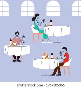 social distance in restaurant, people keep distance to avoid the spread of the coronavirus or covid 19 vector illustration design