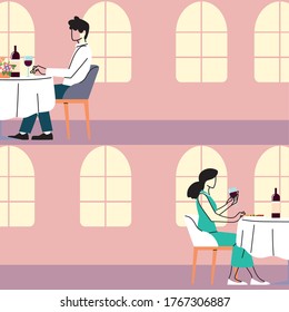 social distance in restaurant, people keep distance to avoid the spread of the coronavirus or covid 19 vector illustration design