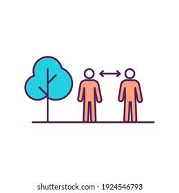 Icono de color RGB de distancia social. Pautas de atención médica. Distancia entre personas. Manténganse separados. Evitar la propagación de enfermedades. En el exterior. Mantente al aire libre. Ilustración vectorial aislada