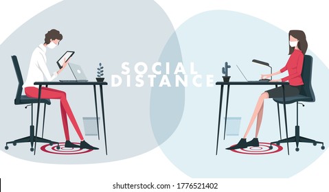 Social distance rules. Office, working people.