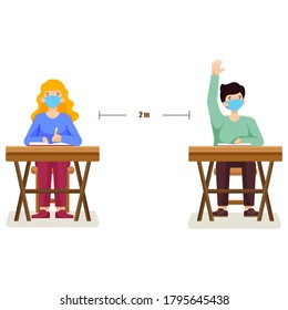 Social Distance In School. School For New Normal Lifestyle Concept. Happy Kids Wearing Face Mask And Social Distancing. Isolated On A White Background.