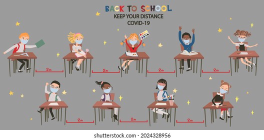 Social Distance Of Schoolchildren In A Classroom During The Coronavirus Pandemic. Schoolchildren In Masks Sit At Desks 2 Meters Apart. Vector, Cartoon Illustration, Banner.