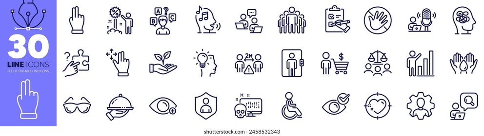 Social distance, Search puzzle and Group line icons pack. Do not touch, Click hand, Disability web icon. Helping hand, Court jury, Farsightedness pictogram. Anxiety, Safe water, Discount. Vector