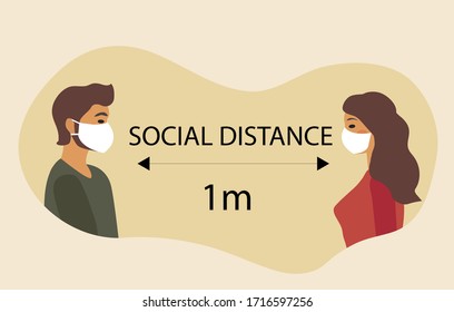 Social distance, self-isolation coronavirus prevention. The guy and the girl in masks stand in the distance. Vector illustration modern style