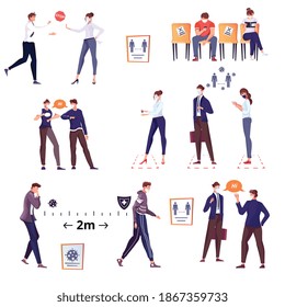 Distancia social establecida con iconos aislados planos detienen flechas de signos y personajes de amigos y compañeros de trabajo ilustración vectorial