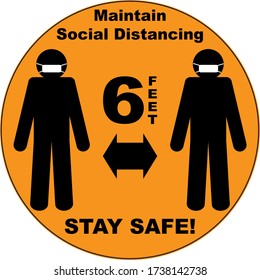 Social distance sign board with two silhouettes of men wearing masks and text asking to maintain 6 feet of social distancing. round shape, can be use as sticker on the floor