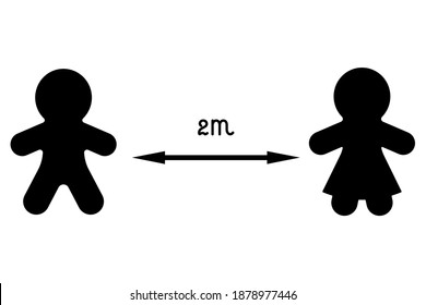 Social distance. Silhouettes of people with an arrow between them. Distance 2 meters. Measures taken due to the spread of the coronavirus infection COVID-19. Vector icons. Isolated white background. 