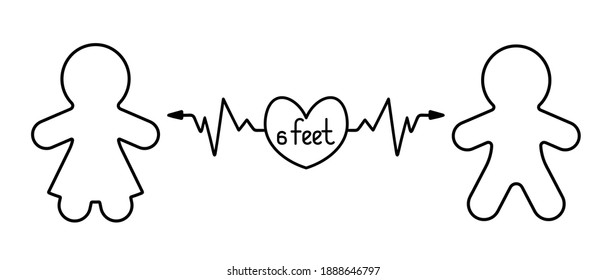 Social distance. Silhouettes of people in love with a heart and an arrow between them. Distance 6 feet. Measures taken due to the spread of the coronavirus infection COVID-19. Vector icons. Isolated.