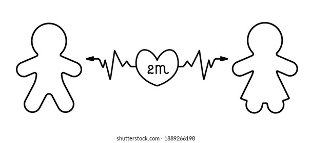 Social distance. Silhouettes of people in love with a heart and an arrow between them. Distance 2 meters. Measures taken due to the spread of the coronavirus infection COVID-19. Vector icons. Isolated