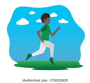 Social distance and sports. Black man jogging in good weather. Graphic, banner, vector.