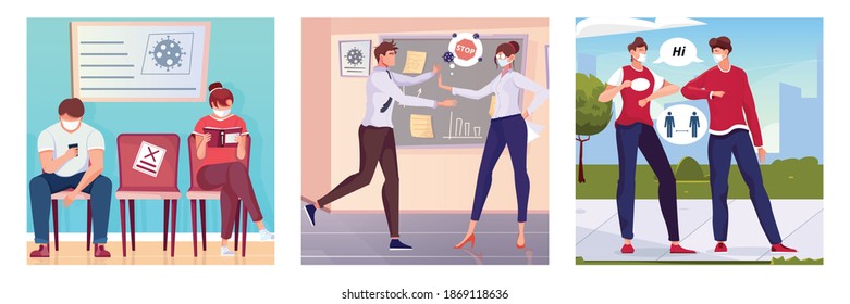 Social distance square compositions set of views various situations with people keeping safe amount of distance vector illustration