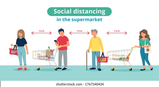 Social distance in supermarket, people in line with shopping carts. Coronavirus prevention measures. Vector illustration in flat style