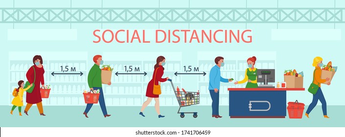 Social Distance in the supermarket. People in mask shopping in a supermarket.Vector illustration in flat cartoon style