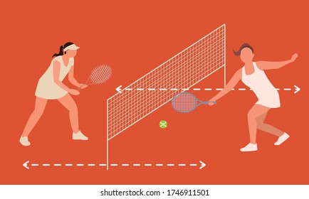 Social distance tennis. Games that can be played at a social distance. Tennis in the fresh air. Sports game for two. Save life from coronavirus outbreak. Vector illustration designs in flat style.