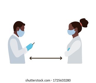 social distance two black African American people wearing medical masks and gloves stand in front of each other. flat vector illustration