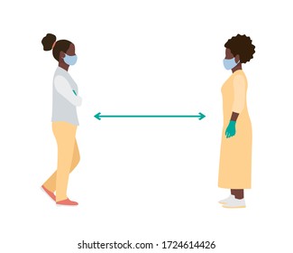 social distance two black African-American women wearing medical masks and gloves stand in front of a full height. flat vector illustration