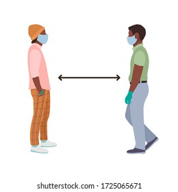 distancia social dos hombres afroamericanos negros con máscaras y guantes médicos se paran frente a una altura total. ilustración vectorial plana