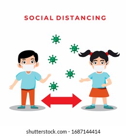 Distancia social, dos niños mantienen su distancia por el riesgo de infección y enfermedad. Distancia de 1 metro entre humanos. Cartel de prevención del 19 de diciembre. Infección viral pandémica. Vector plano a la moda 