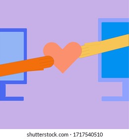 social distance. two hands hold one heart