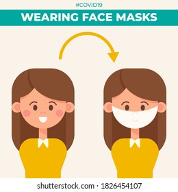 Social distance, use masks presentation how to wearing. Protect from coronavirus infection. Infographic how to protect health from covid or virus. Vector illustration.