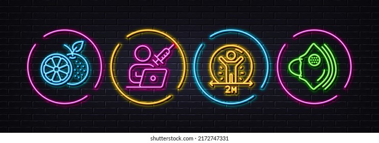 Social distance, Vaccination appointment and Orange minimal line icons. Neon laser 3d lights. Medical mask icons. For web, application, printing. Vector