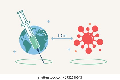 Social distance and vaccine helps to win over coronavirus, syringe injection of all on Earth globe, total fight against coronavirus. Vaccination and illness prevention, virus control and immunization