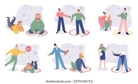 Social distance vector illustration. Avoiding crowded places is preventive measure against disease transmission Staying away from sick individuals reduces risk illness Society must unite to implement