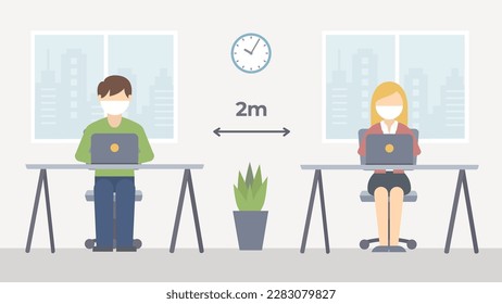 Social distance vector. People work in office during the coronavirus pandemic. Covid safety at work flat illustration.