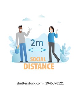 Social distance from viral infection in crowded, public places, in crowded places. Means of protection against virus. Social distance at meeting. Health of people in compliance with rules.