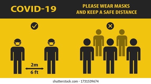 Social distance. Wearing a mask and maintaining distance in public places. Prevention of the spread of coronavirus infection COVID - 19. Vector illustration.