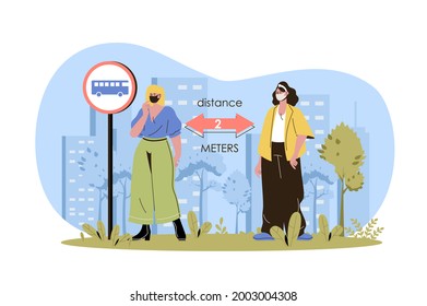 Social distance web character concept. Women in medical masks keep distance standing at bus station, coronavirus prevention isolated scene with persons. Vector illustration with people in flat design