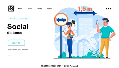 Social distance web concept. Man and woman keep their distance at bus stop. Coronavirus prevention. Template of people scene. Vector illustration with character activities in flat design for website