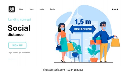 Social distance web concept. People in medical masks distancing, coronavirus epidemic prevention. Template of human scenes. Vector illustration with character activities in flat design for website