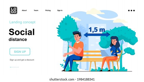 Social distance web concept. People distancing at city park, coronavirus epidemic prevention. Template of human scenes. Vector illustration with character activities in flat design for website