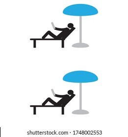 Social distance while relaxing on the beach, at the sea, in sanatoria. Be safe. Stick man keeps a distance, prevention of covid-19 coronavirus.