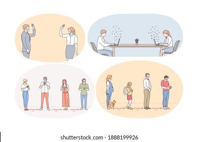 Social Distance, working and living during COVID-19 pandemic concept. People workers, business partners, customers and people in line keeping social distance during Pandemic of Covid 19 infection 