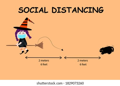 A social distanced Halloween.Witch sitting on the broom with arrow distance between the spider and the black cat.Covid-19 epidemic protective.Vector and illustration.