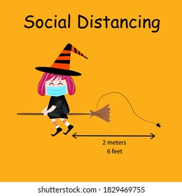 A social distanced Halloween.Witch sitting on the broom with arrow distance between the spider on orange square background.Covid-19 epidemic protective.Vector and illustration.